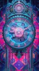 Obraz premium A teal clock with Roman numerals, intricate gears, and neon pink and blue accents, set within a complex, geometric, mechanical frame. Cosmic energy pulses from its core