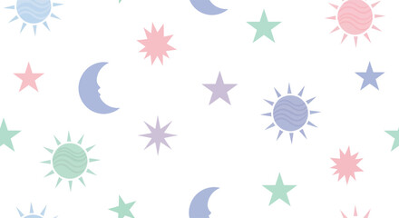 Cute Hand Drawn Seamless Pattern with Pastel Suns Moons and Stars.