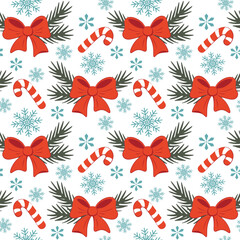 Seamless Christmas Pattern with Holiday Ribbon Bows, Evergreen Sprigs and Candy Canes Repeat on White Background