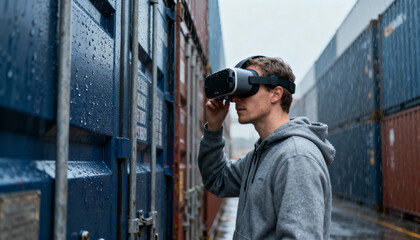 Male technician uses virtual reality headset for logistics management at a container terminal in the rain. Futuristic technology, augmented reality for cargo inspection and industry.