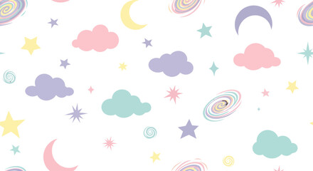 Cute pastel celestial pattern with clouds stars and moons.