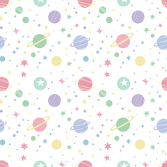 Pastel Planets and Stars Seamless Pattern.