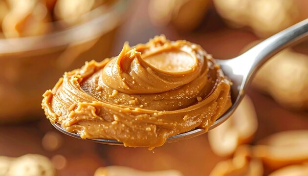 A ultra hyper-realistic, macro shot of a spoonful of creamy peanut butter.