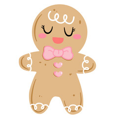 Cute Gingerbread Man Illustration with Pink Bow 