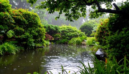 Serene Rain in a Lush Japanese Garden Pond