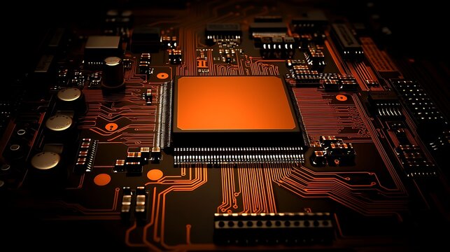 High-resolution tech abstract with orange circuitry on dark background captured using medium-format 80mm lens, crisp details and soft shadows