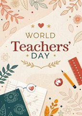 World teachers' day illustration featuring books pencil ruler globe and floral elements in a warm color palette perfect for educational content and teacher appreciation posts online
