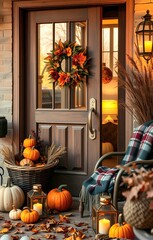 Cozy autumn porch with pumpkins, fall wreath, lanterns, and plaid blanket. Warm seasonal home decor perfect for Thanksgiving, harvest, and American fall inspiration.