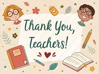 Heartfelt thank you teachers illustration with cartoon children books pencils and decorative elements perfect for teacher appreciation week or end of year gifts and educational resources