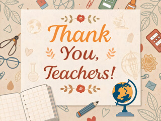 Thank you teachers appreciation card with globe notebook pencil and school supplies for teacher's day celebration and educational themes in a warm and inviting design