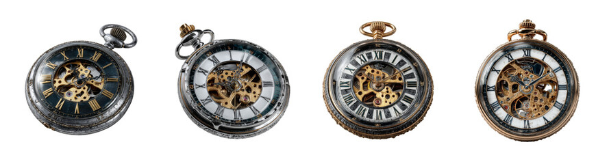 Fototapeta premium Antique Skeleton Pocket Watch Collection Featuring Intricate Gears and Roman Numerals, Isolated on Black PNG set Transparent backround