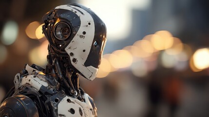 Fototapeta premium A sleek, modern android stands out against a blurred urban backdrop, its design highlighting the contrast between technology and city life