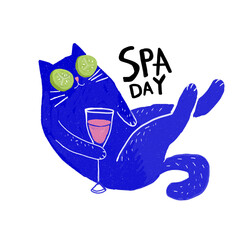 Funny illustration of a blue cat having a spa day – relaxing with cucumber slices on the eyes and holding a cocktail.