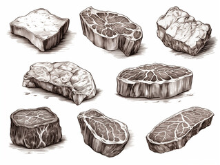 Set of the 8 pork steak isolated on white, hand drawing image. Meat eating collection, sketch engraving style. Black and white, ai