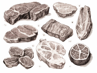 Set of pork steaks isolated on white. Hand drawing image. Meat eating. Sketch engraving style, black and white, ai