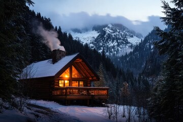 Fototapeta premium Cozy wooden cabin with warm glowing lights and smoke rising from chimney sits surrounded by snow covered trees and towering mountains under cloudy sky at dusk