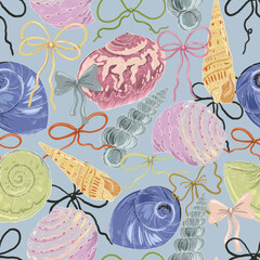Seashell Bow Seamless Pattern, Coastal Ocean Digital Paper, Pastel Beach Printable Background