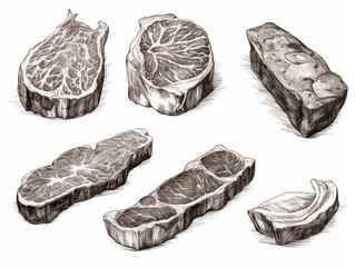 Set of 6 pork steaks isolated on white. Hand drawing image. Meat eating. Sketch engraving style, black and white, no people, ai