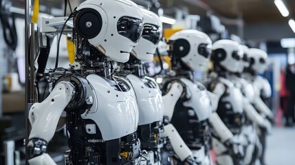 Fototapeta premium Row of white humanoid robots with black accents standing in a factory setting, showcasing advanced technology and automation