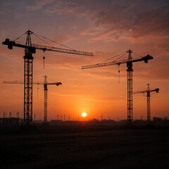 This captivating photo captures several tall construction cranes silhouetted against a dramatic sunset sky. The warm, glowing sun highlights the silhouettes, symbolizing growth, urban progress, and th
