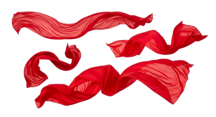 Crimson silk scarves dancing in an unseen breeze against the void evoking feelings of passion on transparent background