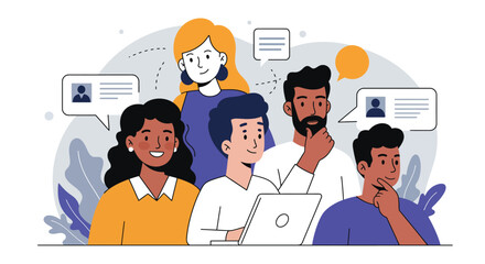 Diverse team collaborating online with messages, reflecting communication