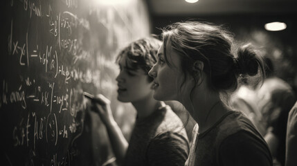 Teens solving equations on a chalkboard in a dim classroom, focused on collaboration and learning