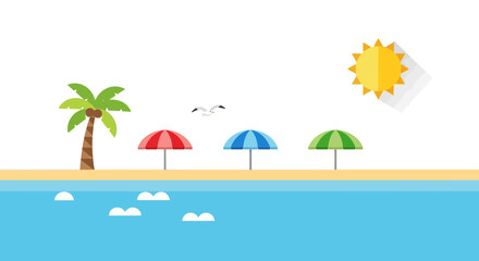 Obraz premium Beach scene with colorful umbrellas, palm tree, and sunny weather.