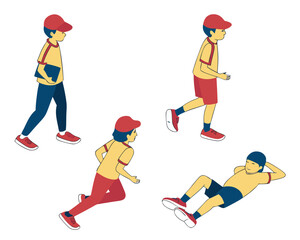 Isometric set of boys in different poses stands, runs, sits, lies and others on white background. Constructor set or creation kit