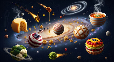 Cosmic culinary creations food items floating in a vibrant galaxy