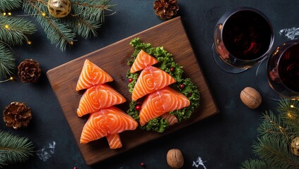 Wooden board with salmon arranged as Christmas tree and holiday decor, top view festive banner