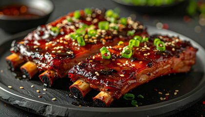 Succulent beef ribs lacquered in glossy soy glaze. Tasty food. Delicious meat dish. Cooking culinary