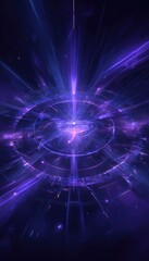 Obraz premium A vibrant, abstract digital artwork depicting a radiant purple energy core, encircled by concentric rings and radiating beams of light, set against a dark, cosmic background