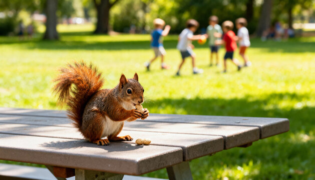 Fox squirrel eats a peanut on a picnic table. Urban wildlife in a sunny park. Sciurus niger rodent feeding. Children playing in the background. Nature meets city life.