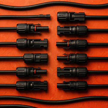 Black electrical connectors and cables are neatly arranged in parallel rows on a vivid orange background. The precise alignment of the components highlights the importance of organization, safety, and