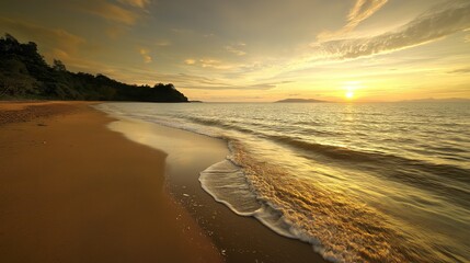 sand. A breathtaking tropical beach sunset with vibrant clouds and golden reflections on the wet sand. inspiring travel planning, travel magazines, designed for outdoor magazines and nature guides.