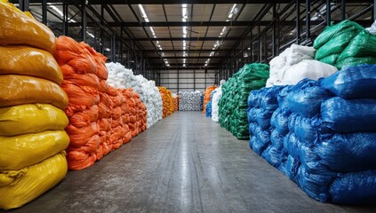 Colorful bales neatly stacked in a large warehouse, ready for shipping or further processing