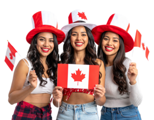 Group of Women Wearing Canada Day Hats and Holding Flags, Transparent PNG