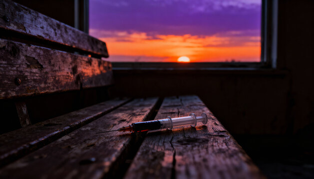 Drug addiction social issue. Used syringe with a heroin dose on an old wooden bench. Dangerous substance abuse and dependency. Despair and hopelessness concept at sunset.