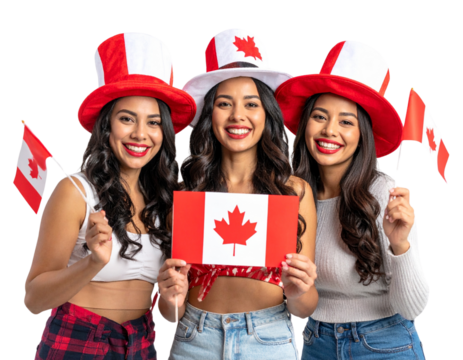  Group of Women Wearing Canada Day Hats and Holding Flags, Transparent PNG 