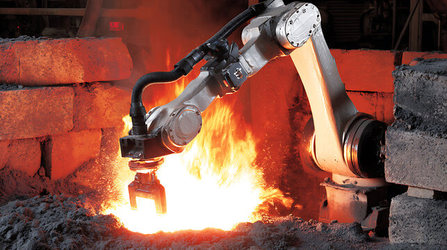 Industrial robotic arm handling molten metal in a foundry environment with intense flames and heat. - Powered by Adobe