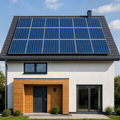 Fototapeta premium A modern house boasts a sleek roof covered in solar panels, showcasing the integration of renewable energy into residential living. This image highlights environmental awareness, sustainability, and e