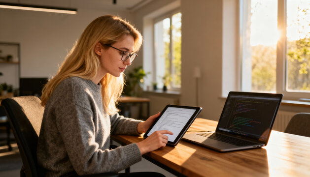 Young female programmer coding on a laptop and using a tablet in a modern sunny office. Focused woman working on a web development project. IT specialist or freelancer.