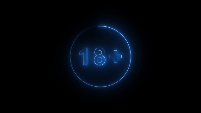 Video footage of Blue glowing 18 plus neon icon. Looped Neon Lines abstract on black background. Futuristic laser background. Seamless loop. 4k video