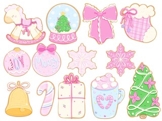 Pastel Christmas Cookies Clipart Set with Cute Holiday Sweets, Candy Cane, Gingerbread, Ornaments, Gifts, Snowflakes and Festive Decorations