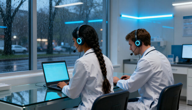 Medical call center with doctors providing online consultation. Telehealth concept with diverse professionals using headsets for remote patient support and diagnosis on a rainy day.