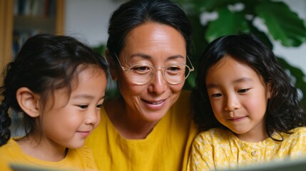 Fototapeta premium A family of three children and a woman looking at a book together.