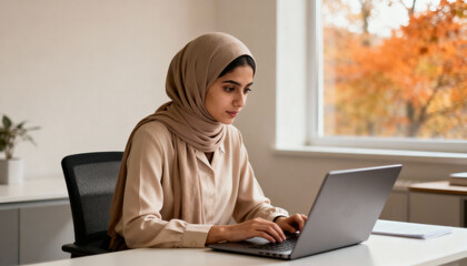 Young Muslim business woman in hijab working on laptop in modern office. Focused arabic female employee typing on computer. Corporate career, remote work and workplace diversity.