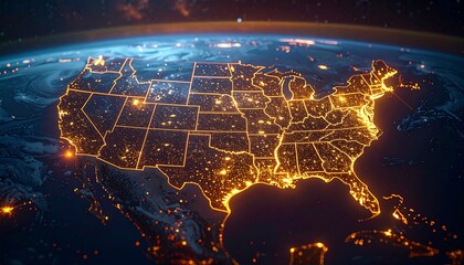 A stunning satellite view of the United States, illuminated with city lights at night.