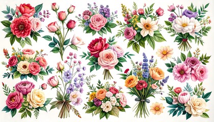Collection of Watercolor Floral Bouquets: Roses, Peonies, and Wildflowers